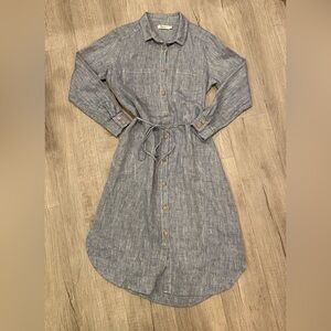 Magic Linen Blue Malange Chambray Color Button-Up Shirt Dress Oeko-Tex - Size L